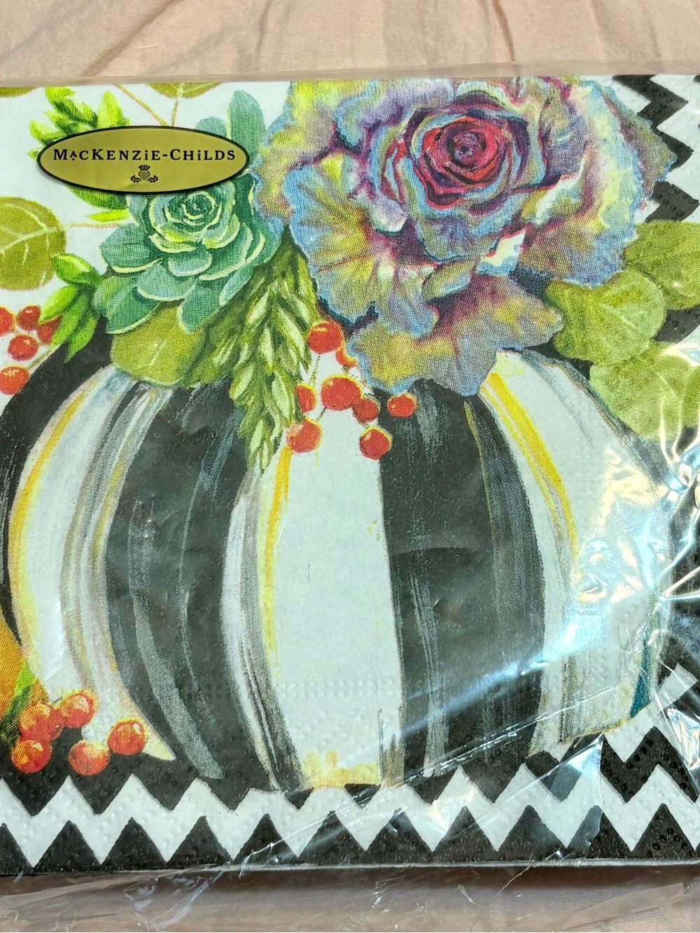 Mackenzie-Childs Black & White Striped Pumpkin Napkins with Floral Accent 18 CT